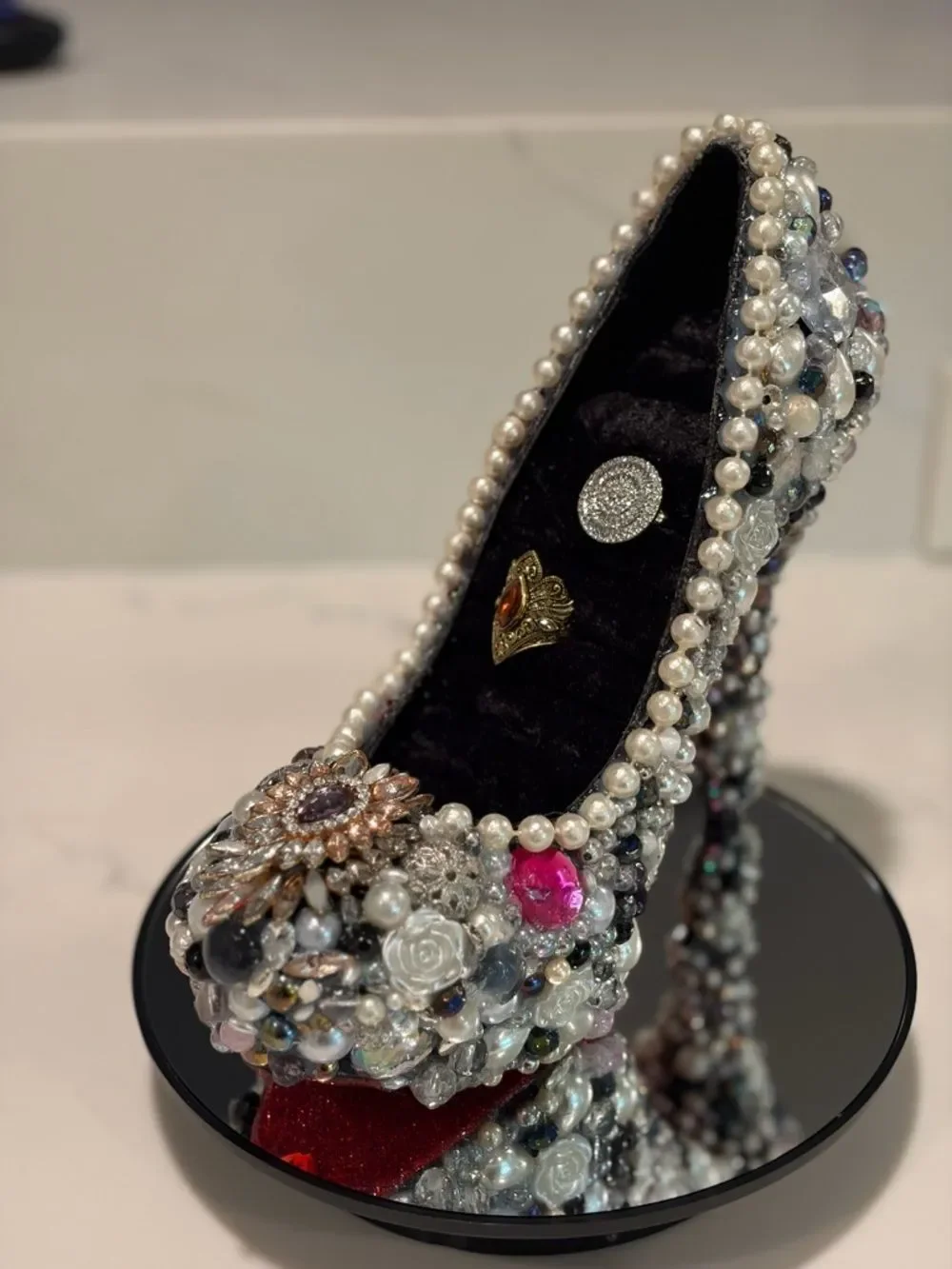 Jeweled Pearl and Crystal Stiletto High Heel Pump - Ring Holder